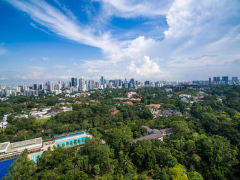 High angle view of cityscape against cloudy sky