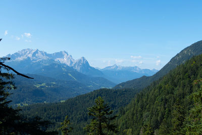 Scenic view of mountains against blue sky