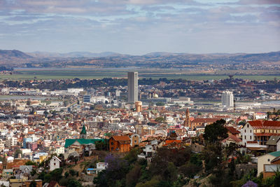 High angle shot of townscape against sky