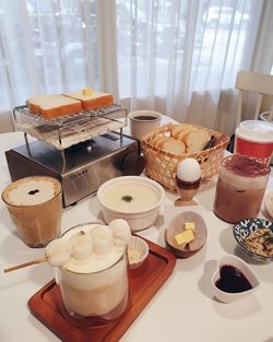 High angle view of breakfast on table