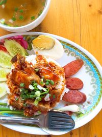 High angle view of food served on table