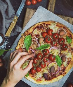 High angle view of hand holding pizza