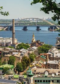Top view of kiev from the side of the andriyivskyy descent, ukraine, on a sunny summer morning
