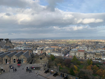 High angle view of buildings in city against sky