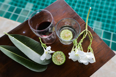 High angle view of drink on table