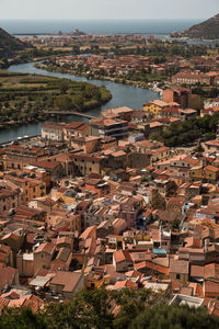 Aerial view to old town and river n sardinia italy