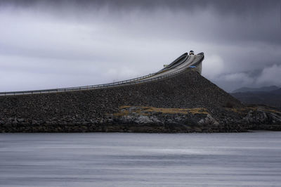 Highway passing by sea against cloudy sky