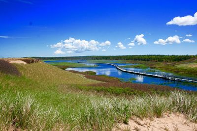 Scenic view of landscape against blue sky