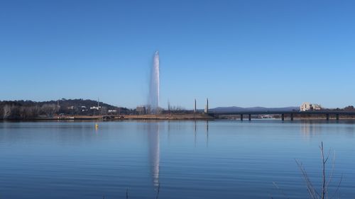 Scenic view of bay against clear blue sky