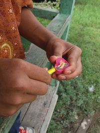 Close-up of hand holding flowers