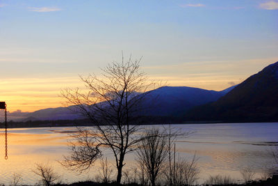 Silhouette bare tree by lake against sky during sunset