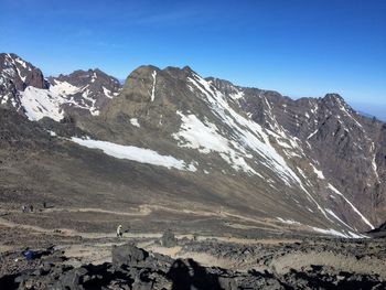 Scenic view of snowcapped mountains against clear sky