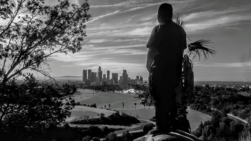 Silhouette of tree and buildings against sky