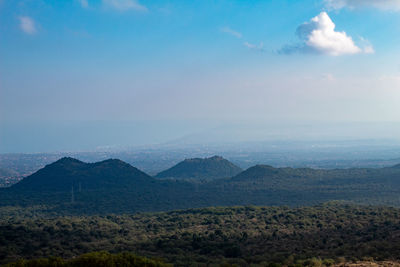 Scenic view of mountains against cloudy sky