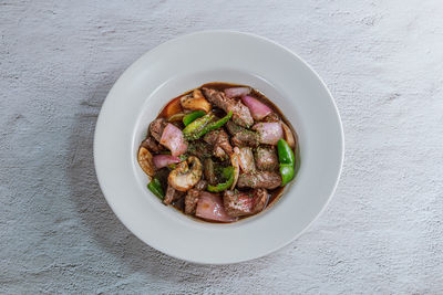 High angle view of food in bowl on table