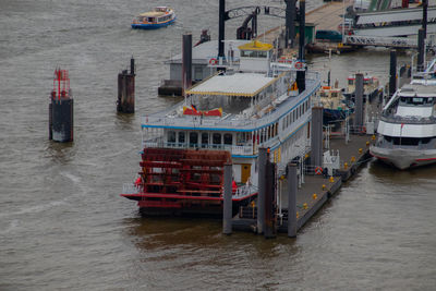 High angle view of ship moored at harbor