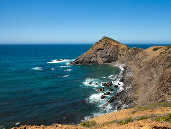 Scenic view of sea against clear blue sky