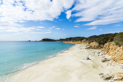 Porto da ruxi and its turquoise water and white sand, a beautiful beach of solanas coast, sardinia