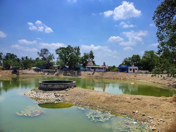 Scenic view of lake by building against sky