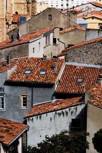 Close up high angle view of buildings in the village foix in the pyrenees national park in france.