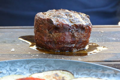 Close-up ofmeat in plate on table