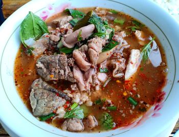 High angle view of soup in bowl on table