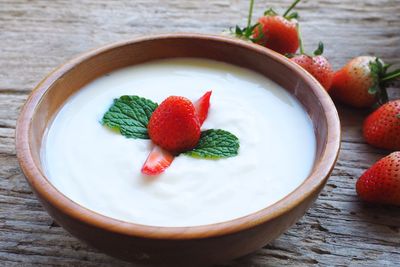 Close-up of strawberries in bowl on table