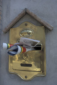 High angle view of mailbox on wall