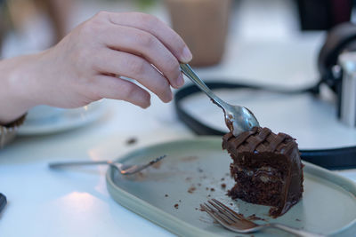 Close-up of hand holding ice cream in plate