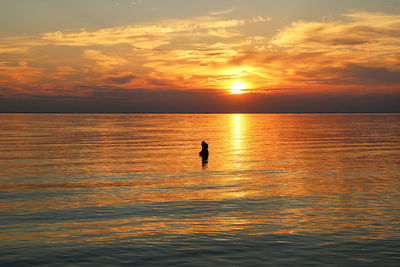 Silhouette person on sea against sky during sunset