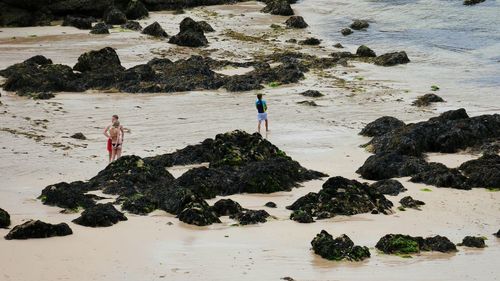 Woman standing on rock at beach