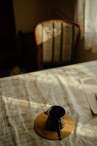 High angle view of coffee on table at home