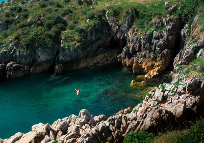 Distant view of woman swimming in sea