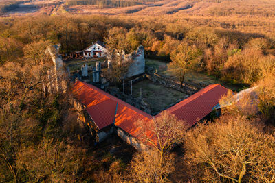 Aerial view about former benedictine monastery and church ruins. romanesque age architecture.