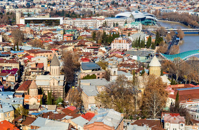 High angle view of trees and buildings in town