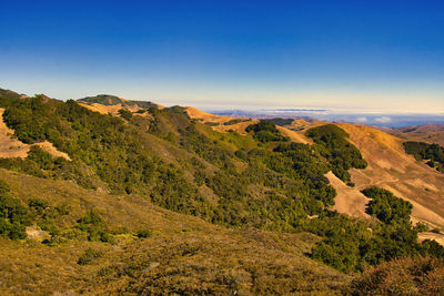 Scenic view of mountain against clear blue sky