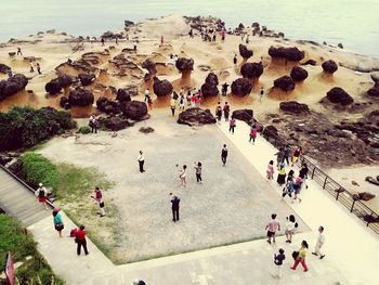 High angle view of people on beach