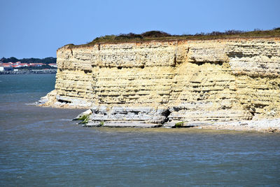 Rocks on beach against clear blue sky