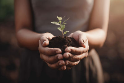 Woman holding a young plant in a pile of soil in her hand bokeh background