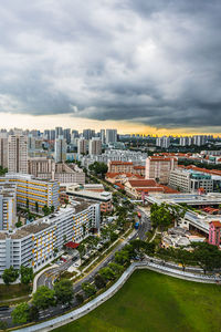 High angle view of buildings against sky