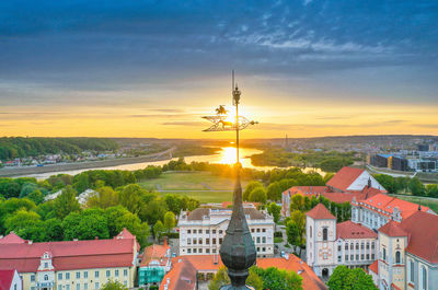 High angle view of townscape against sky at sunset