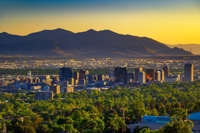 High angle view of townscape against sky during sunset