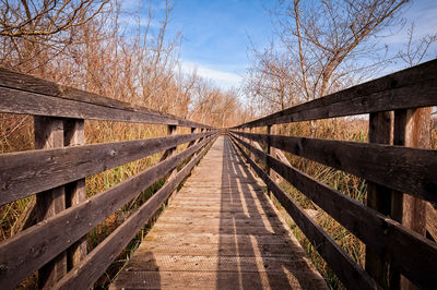 Footbridge amidst trees against sky