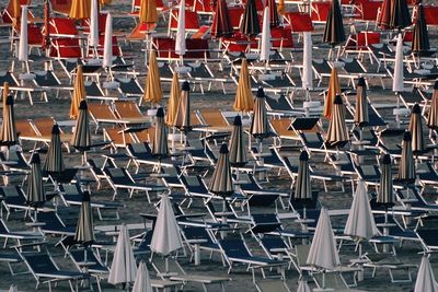 High angle view of chairs in row