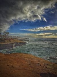 Scenic view of sea against cloudy sky