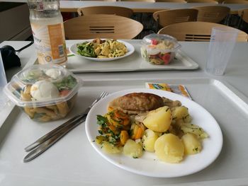 High angle view of meal served on table