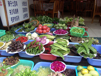 High angle view of fruits for sale at market stall