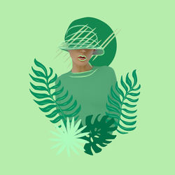 Contemporary minimal collage art. retro nature lover girl. green, eco life concept