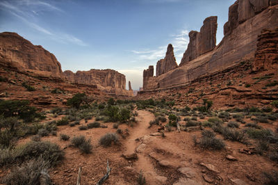 Desert landscape of red towers and rocks, arches national park, utah, usa