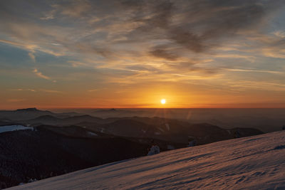 Scenic view of snowcapped mountains against sky during sunset